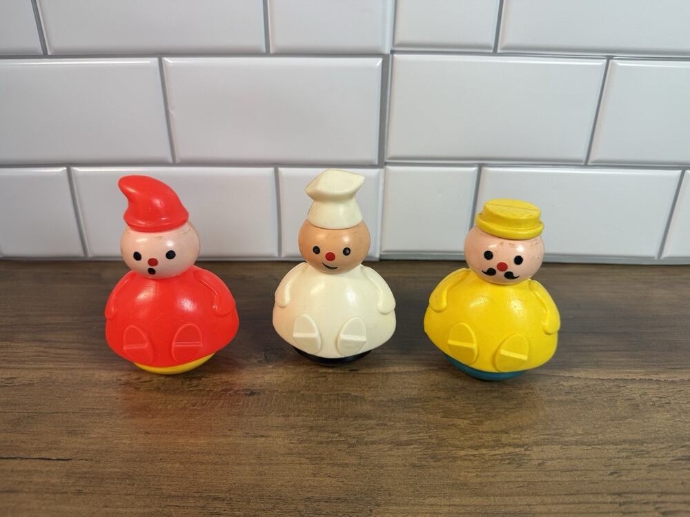 Vintage 1970 Roly Poly Wobble Toy Figures Lot of 3 Chef Mustache Red Yellow